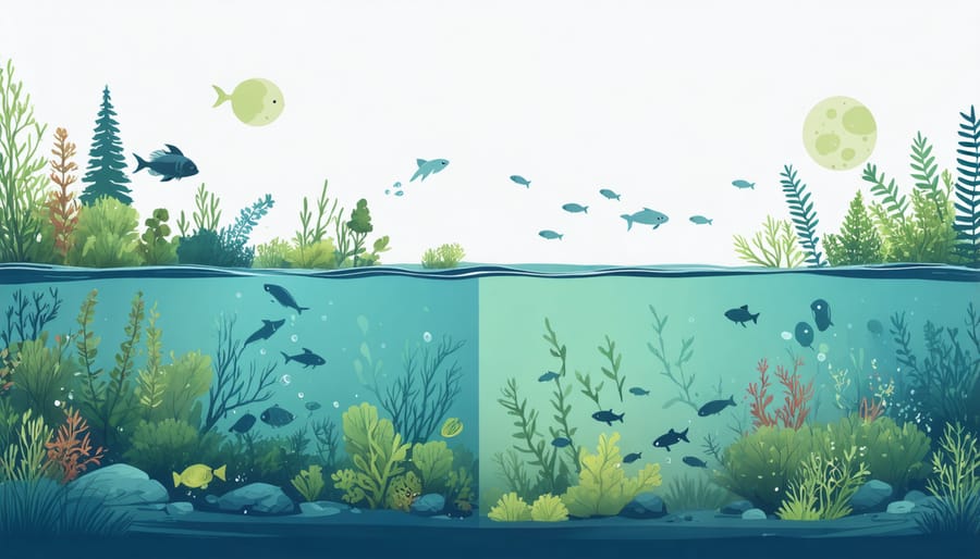Cross-section diagram of freshwater ecosystem showing plants, fish, and water filtration processes