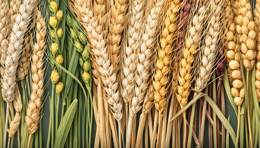 Various heritage wheat seed varieties displaying genetic diversity through different colors and shapes