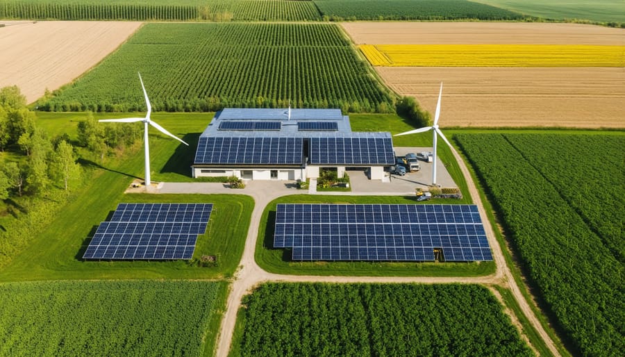 Bird's eye view of an integrated farm system showing solar arrays, wind turbines, and crop fields