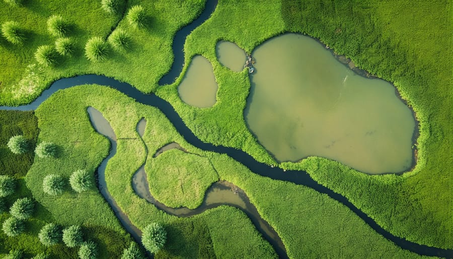 Bird's eye view of an integrated farm pond system with natural vegetation buffers and agricultural land