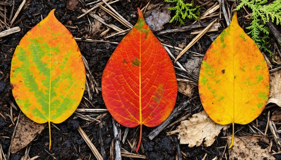 Progressive stages of leaf decomposition showing transformation into soil nutrients