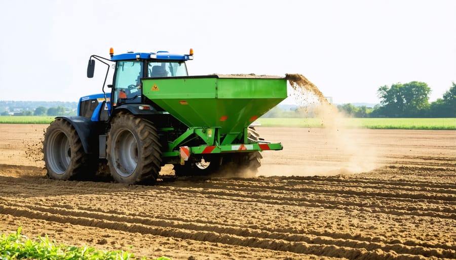 Tractor spreading agricultural lime across a field using specialized equipment