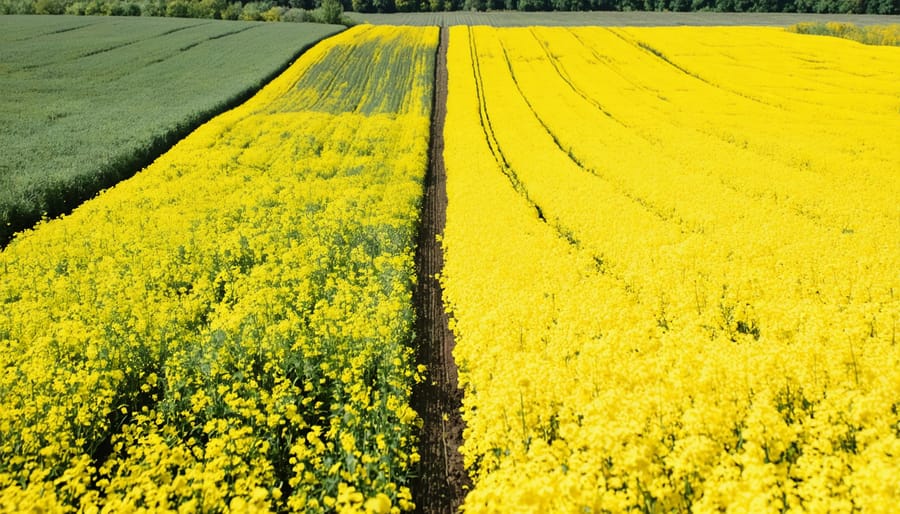 Split-field photograph showing healthy yellow canola blooms in limed soil versus stunted growth in acidic soil