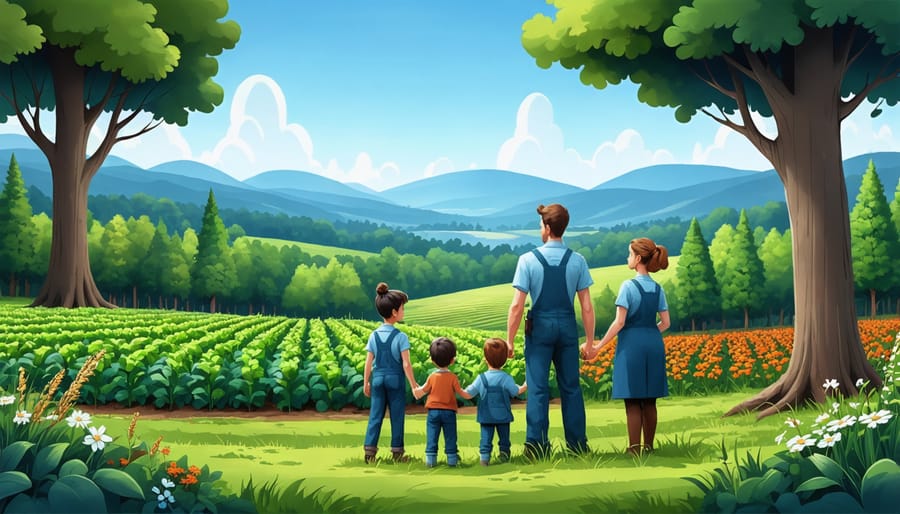 Farming family showcasing their successful forest management project next to cropland