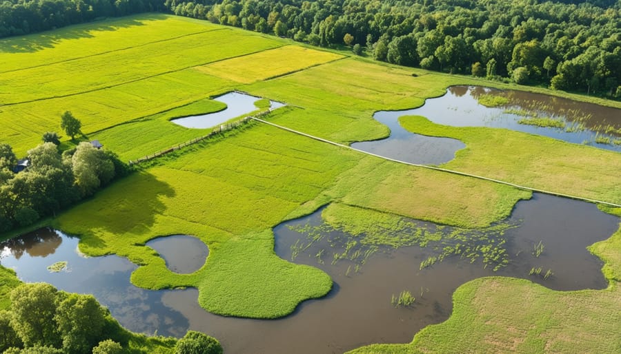 Aerial view of successfully restored wetlands integrated into working farmland