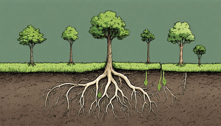 Cross-section illustration of tree roots showing nutrient uptake and distribution through soil layers