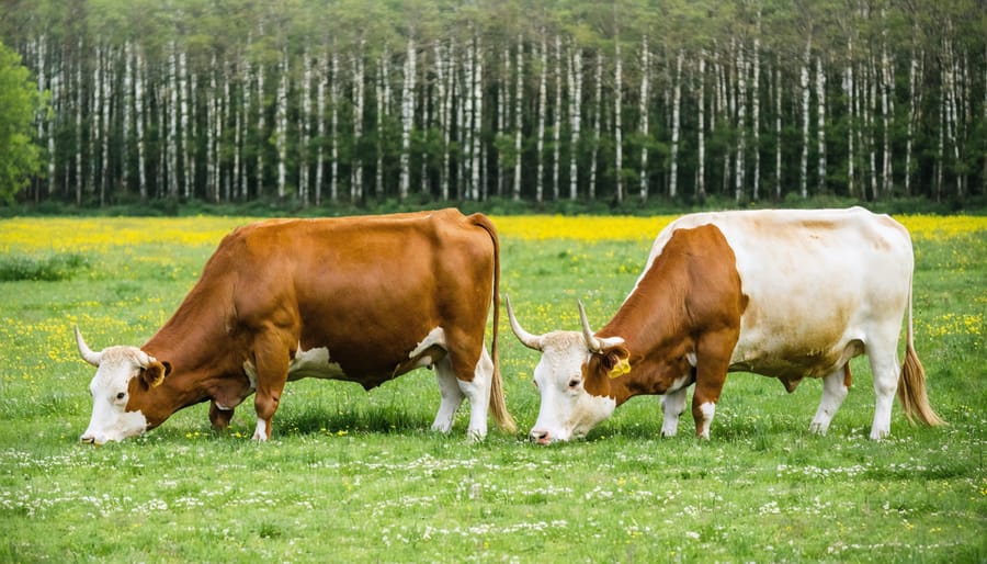 Organic cattle herd grazing on certified pastureland with mobile shelters