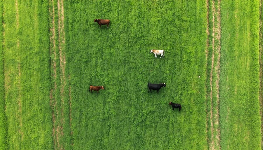 Aerial photograph of organic livestock farm with multiple grazing paddocks and animal shelter areas