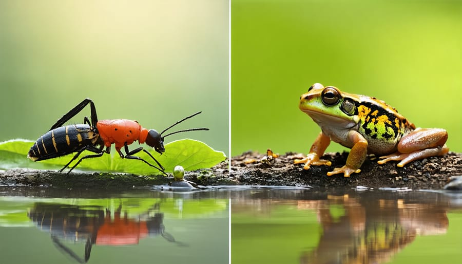 Natural pest control organisms including dragonflies, frogs, and beneficial insects near pond vegetation