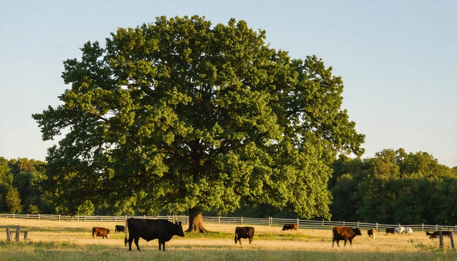 Cattle peacefully grazing in a silvopasture system with established trees providing shade