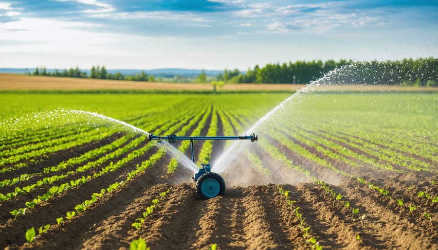 Automated center-pivot irrigation system with precision sprinklers operating over a green crop field