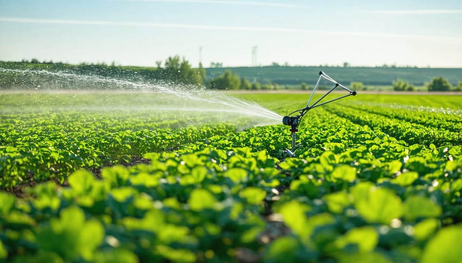Advanced irrigation system spraying water precisely over crops in Alberta farmland