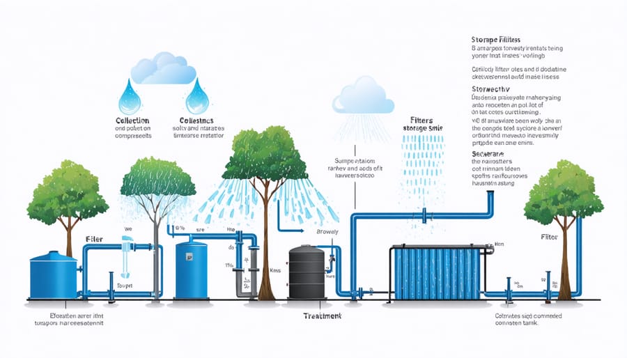 Cross-sectional illustration of a potable rainwater harvesting system with labeled components