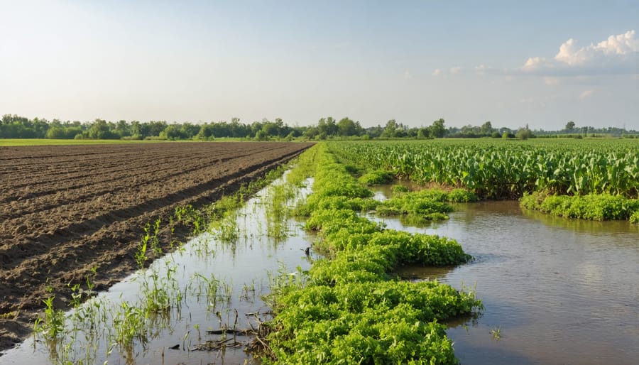Well-maintained riparian buffer strip between cropland and stream showing multiple vegetation zones
