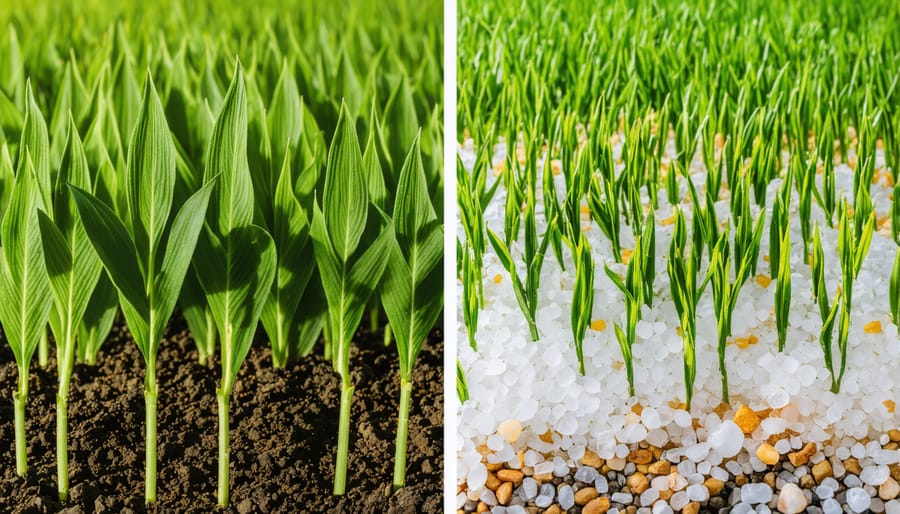 Side-by-side comparison of healthy wheat crop and stunted wheat affected by soil salinity