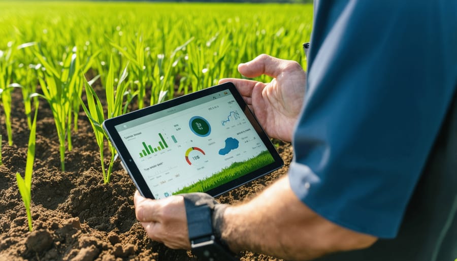 Farmer using digital soil moisture monitoring equipment in an organic field