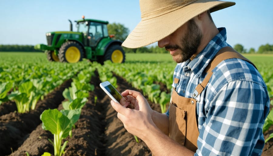Alberta farmer checking weather and soil data on mobile farming application