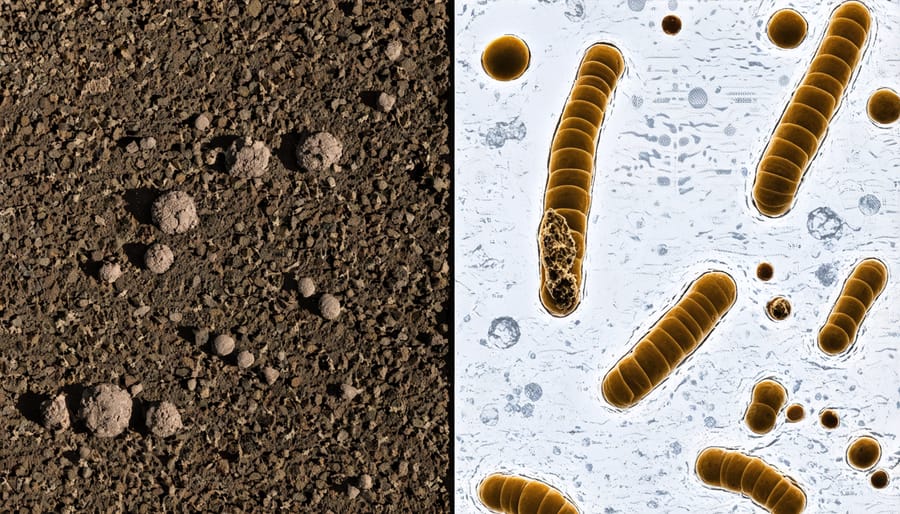 Split microscopic image showing diverse soil microorganisms in healthy soil versus sparse microbial life in degraded soil