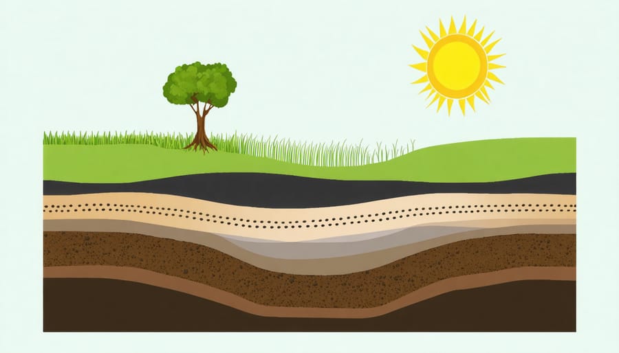 Illustrated soil profile showing organic matter, root systems, and carbon storage zones