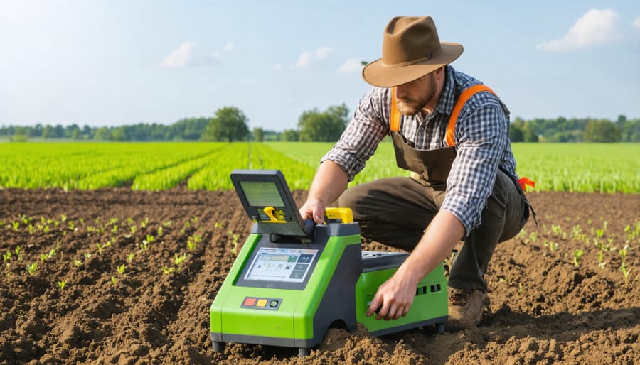 Agricultural professional conducting soil carbon testing with modern measurement tools