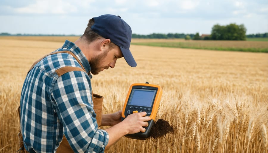 Agricultural professional testing soil moisture levels with digital monitoring equipment