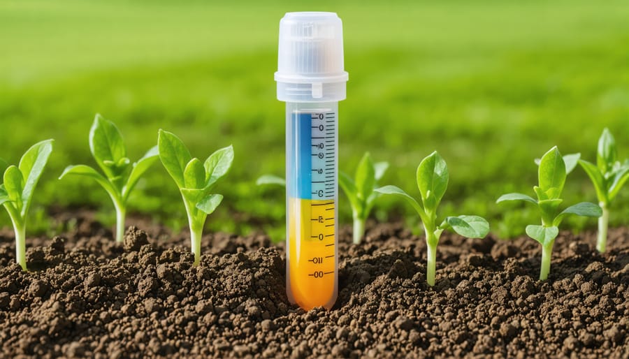 Farmer testing soil pH levels using a professional testing kit in a wheat field
