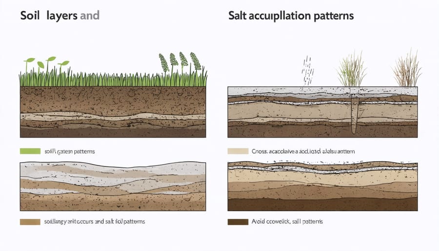 Illustrated cross-section of soil profile showing how salts move and accumulate in different soil layers