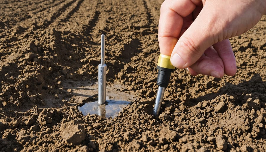 Installation of digital soil moisture sensor in rich agricultural soil