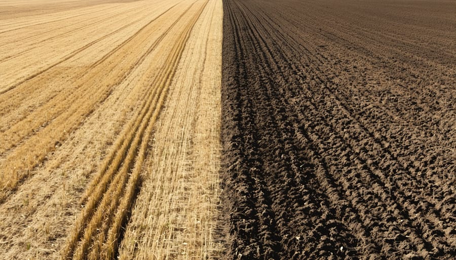 Split photograph showing contrast between tilled and no-till agricultural fields