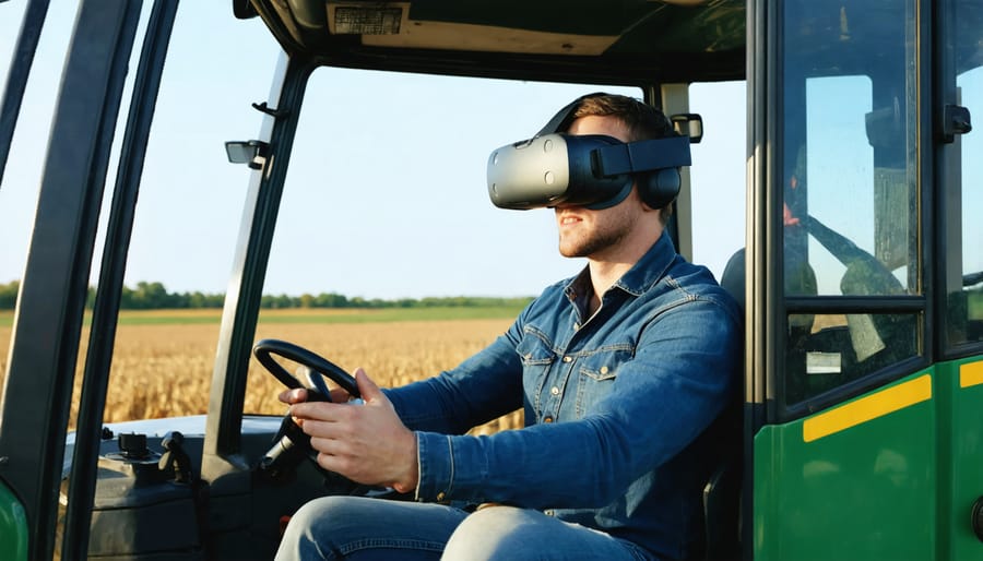 Agricultural worker using virtual reality headset for tractor operation training