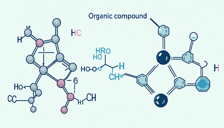 Scientific illustration of H2O molecules interacting with organic matter molecules