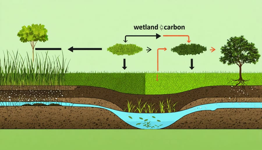 Scientific illustration of carbon capture and storage process in wetland ecosystems