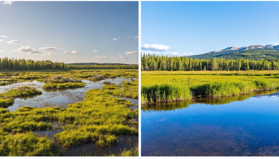 Split image comparing degraded wetland before restoration and thriving wetland after restoration