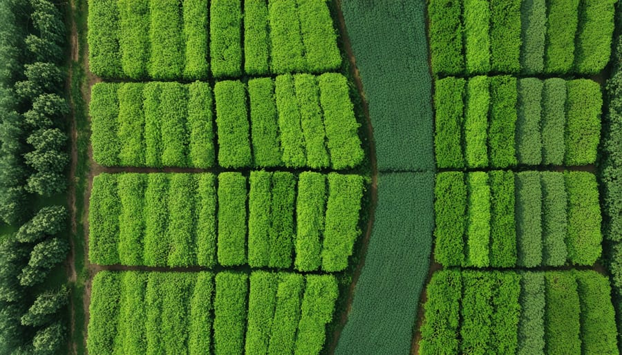 Bird's eye view of a diversified farm with rows of trees integrated into agricultural land