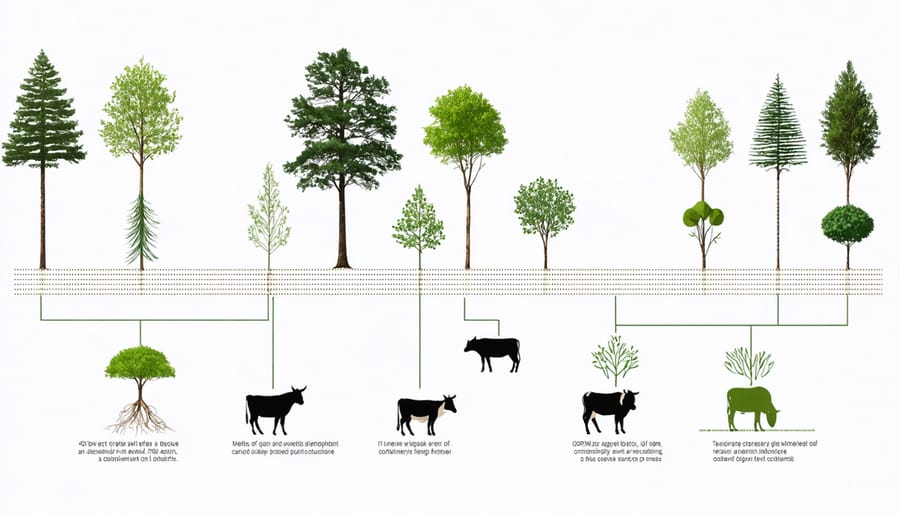 Illustrated diagram showing trees, crops, and grazing livestock arranged in a sustainable agroforestry layout