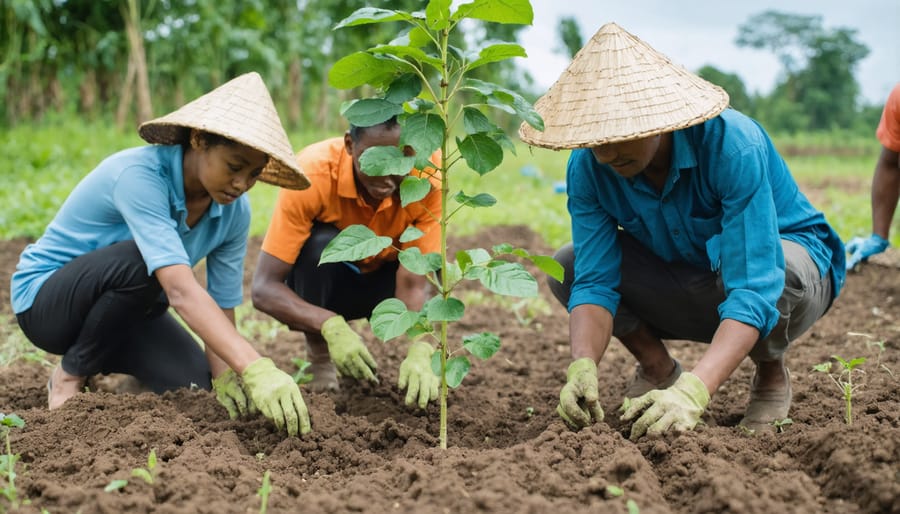 Group of farmers attending an outdoor workshop on tree planting methods at the National Agroforestry Center