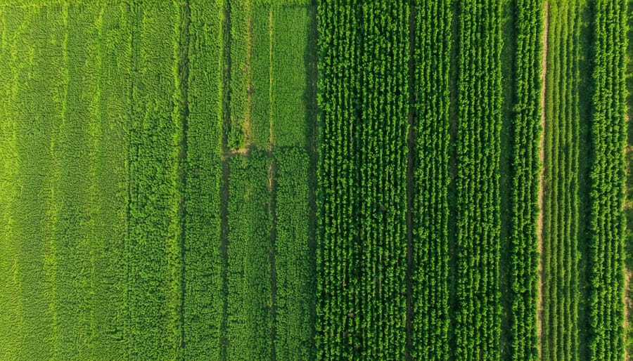 Bird's eye view of a mixed farming system with rows of trees intersecting agricultural fields in Alberta