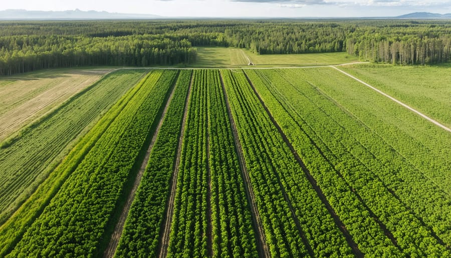 Bird's eye view of a diverse agroforestry landscape combining trees, crops, and livestock areas