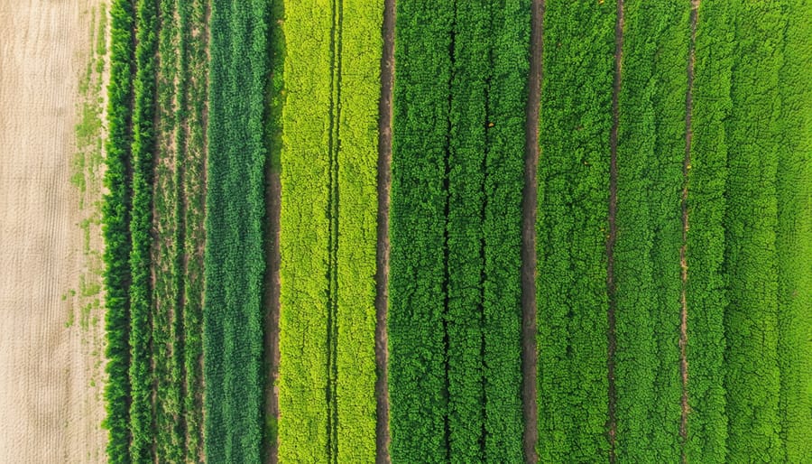 Bird's eye view of agricultural fields demonstrating crop rotation patterns in Alberta