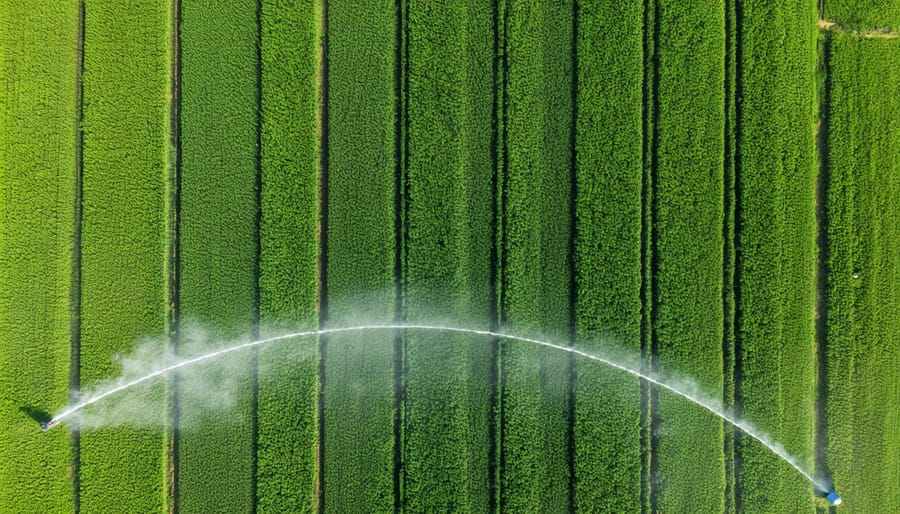 Drone photograph of circular irrigation patterns on an Alberta farm showing modern pivot systems