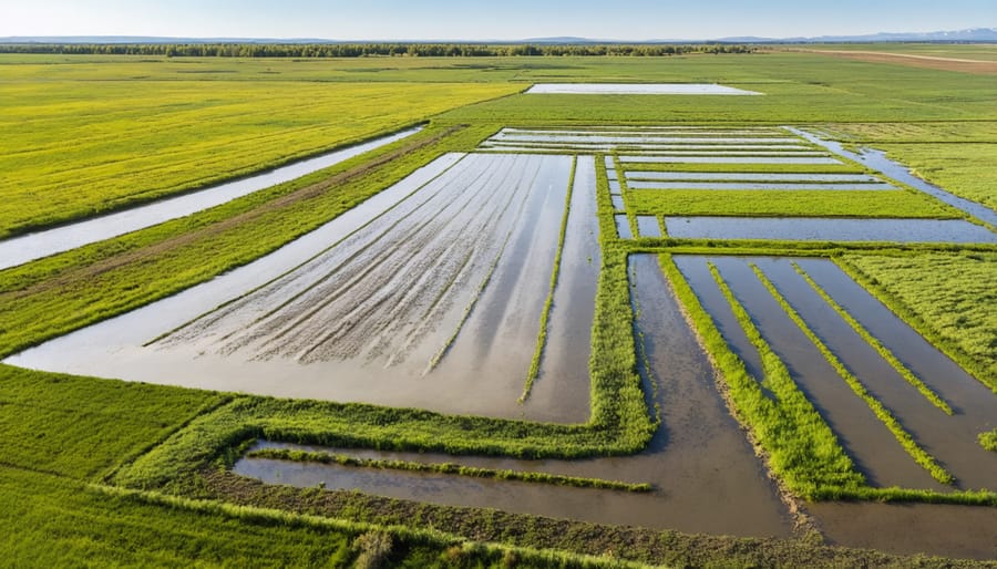 Bird's eye view of agricultural land with diverse water features including ponds and irrigation systems