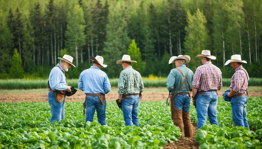 Diverse group of farmers learning sustainable farming techniques during a hands-on workshop
