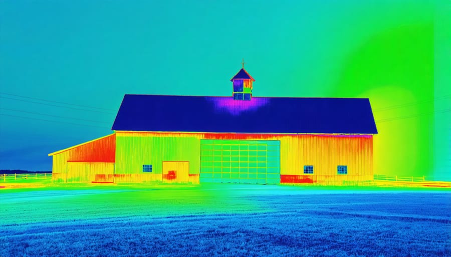 Thermal image showing effective insulation in a livestock barn with clear temperature gradient visualization