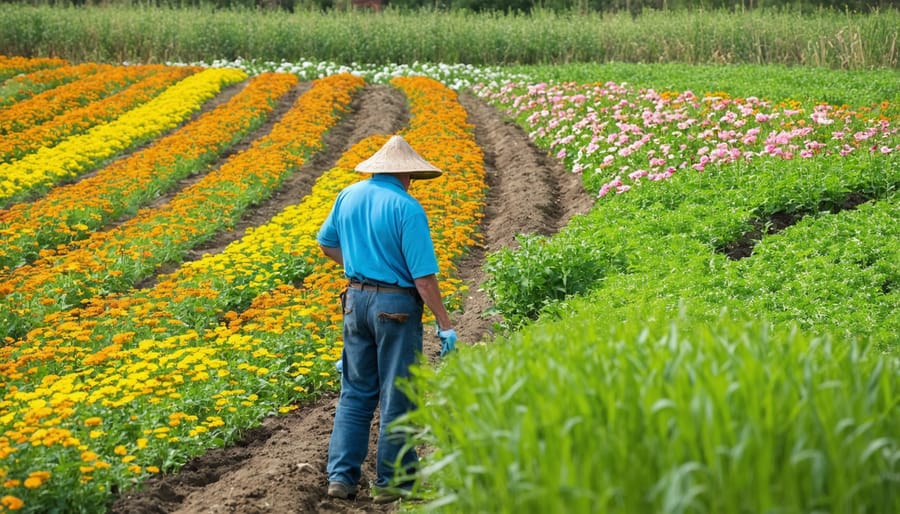 Alberta farmer inspecting beneficial insect habitat with diverse flowering plants