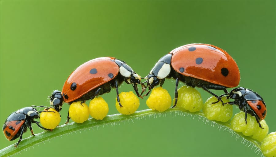 Beneficial insects like ladybugs and lacewings naturally controlling aphid pests on a canola plant