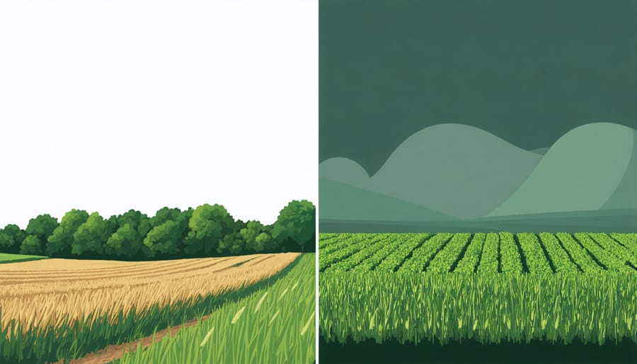 Side-by-side comparison of diverse agricultural landscape and monoculture farming