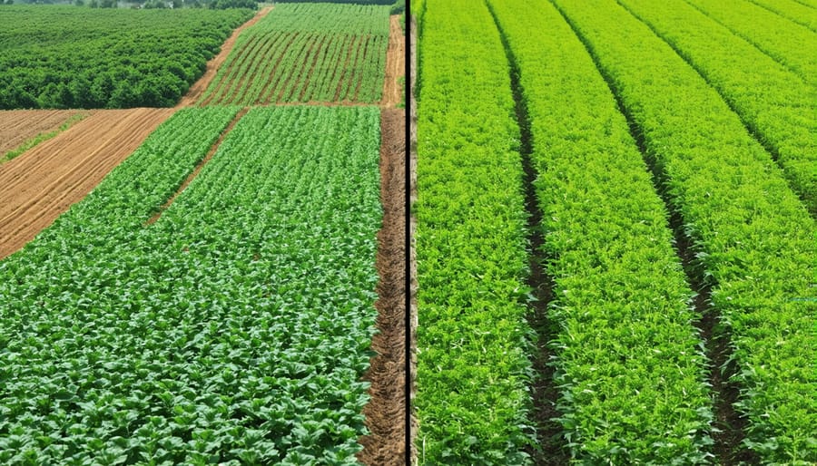 Side-by-side comparison showing a conventional single-crop field next to a diverse farm with multiple plant species