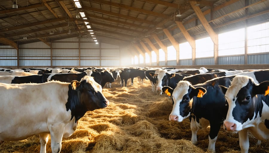 Advanced climate-controlled barn with automated ventilation systems and temperature monitoring displays