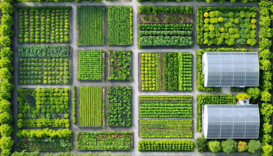 Bird's eye view of a thriving community garden showing diverse growing spaces and gathering areas