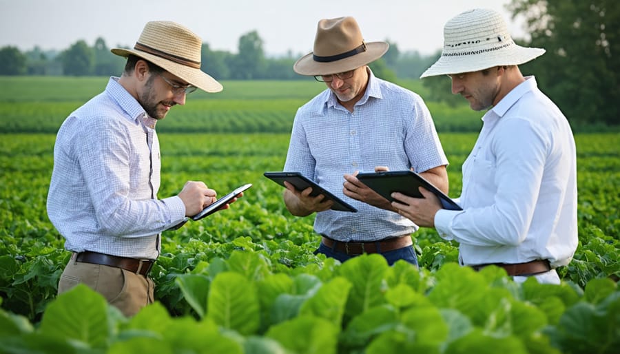 Community members collaborating on pest monitoring in an agricultural field